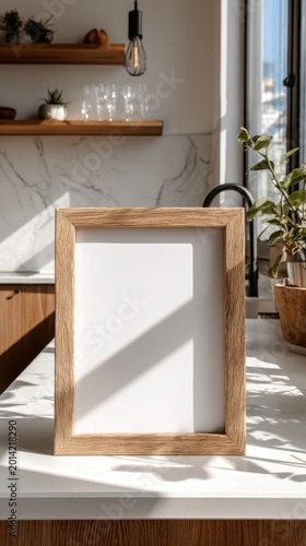 Minimalist interior design with blank picture frame on kitchen counter