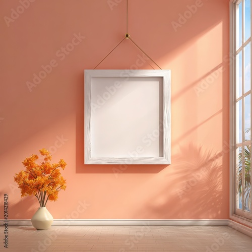 Minimalist interior design with empty picture frame on peach wall next to window