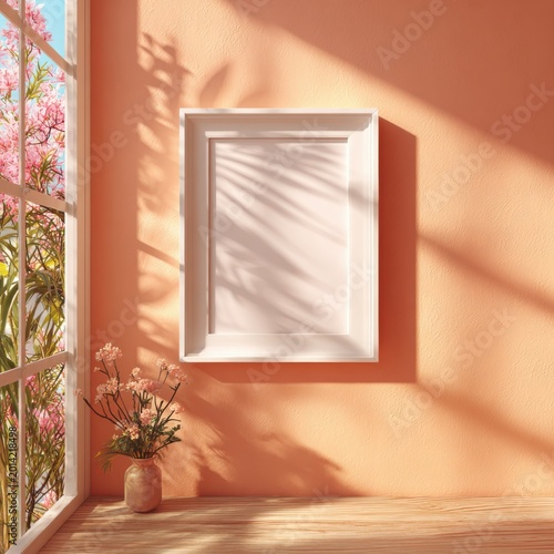 Elegant Interior Scene with Sunlight Shadows and Decorative Window Frame