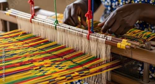 Close-up of a weavers hands operating a traditional loom, creating a vibrant, colorful textile with intricate patterns.