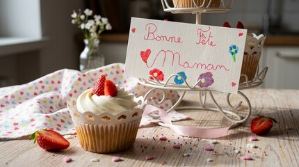 French Mother's Day Cupcake With Bonne Fete Maman Card
