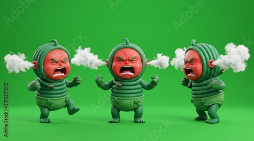 Three Angry Watermelon Characters with Steam Erupting from Ears.