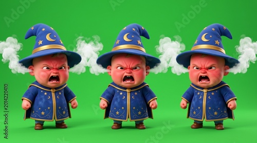 Three Angry Wizards with Steam Erupting from Ears on Green Background.