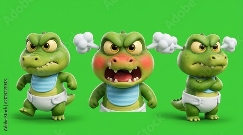 Three Cartoon Alligators with Angry Expressions and White Diapers.