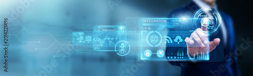 Integration Lead pointing at API on a digital screen. Application programming interfaces, software bridges, and data exchange. Enabling different platforms to communicate seamlessly.