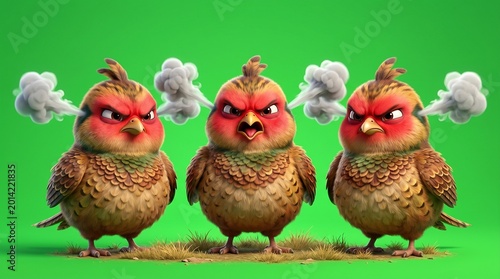 Three Cartoon Angry Birds with Steam Erupting from Their Heads.