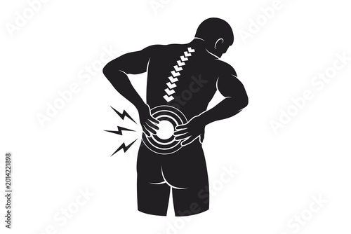 Fotografie Silhouette of a man experiencing severe lower back pain with lightning bolt symb