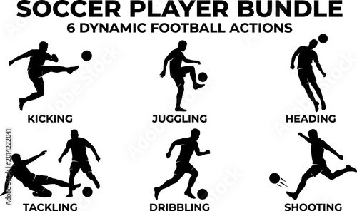 Tableau sur toile Soccer player bundle with six dynamic football actions  kicking juggling heading