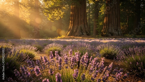 Lavender Field and Redwood Trees with Sun Rays Streaming Through Forest