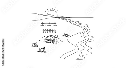 Fotografie Turtle Hatchlings Crawl to Ocean at Sunrise, Beach Nesting Scene
