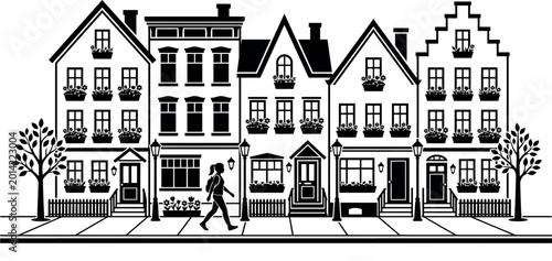 Foto Black Silhouette of Classic European Residential Street with Row of Houses Flowe