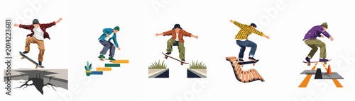 Bild auf Leinwand Collection of flat vector illustrations of skateboarders performing various street tricks and jumps over urban obstacles on a white background