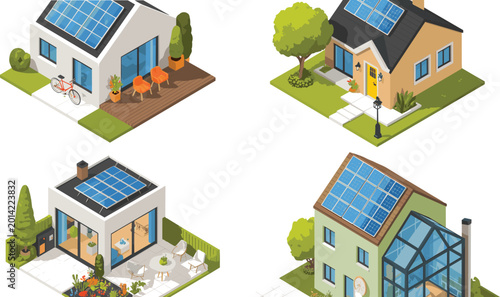 Quadro su tela Modern eco friendly houses with solar panels on roofs isometric green energy vec