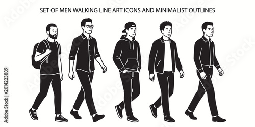 Photography Set of Men Walking Line Art Icons and Minimalist Outlines