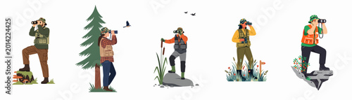 Quadro su tela Flat vector set of birdwatchers and nature enthusiasts using binoculars in different landscapes, including forests, rocks, and grassy fields