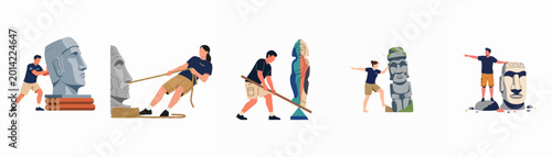 Fotografía Set of flat vector illustrations depicting people moving, pulling, and discovering ancient stone statues and Moai monoliths from a historical archaeological site