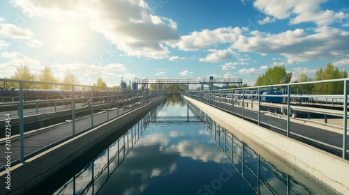 Water purification plant with metal walkways and tanks under a bright sky viewed from a low angle