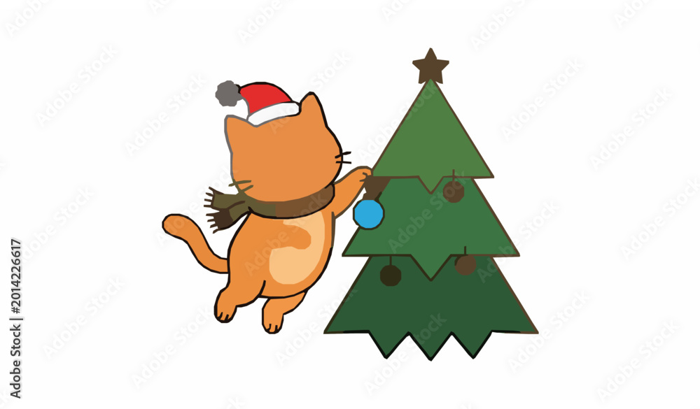 Fototapeta premium Funny kawaii Christmas kitten hanging ornaments on festive tree cute cartoon vector coloring page