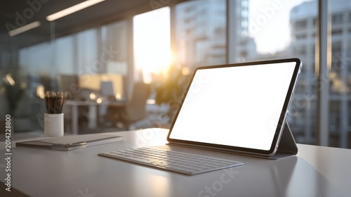 Modern workspace with tablet computer and city view during sunrise