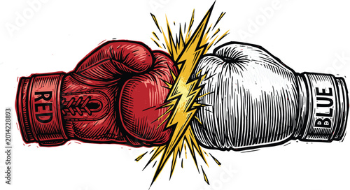 Bild auf Leinwand Dynamic hand drawn sketch vector illustration of red and blue boxing gloves clashing with a yellow spark effect isolated on white