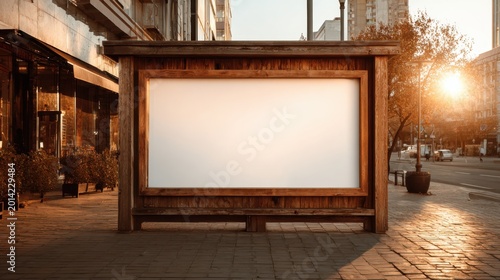 Empty outdoor billboard on city sidewalk during sunset with urban background