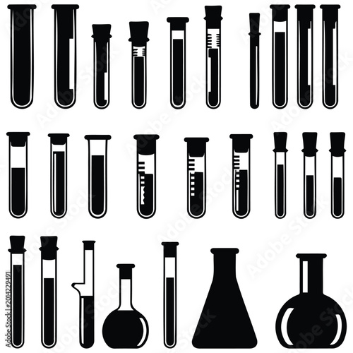 Set of scientific laboratory test tubes and flasks silhouette vector illustration line art.