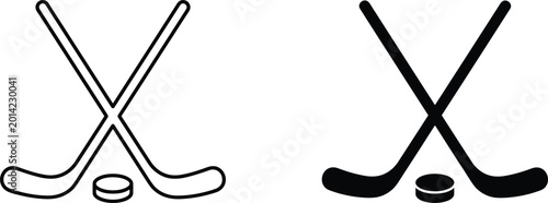 Photography Ice Hockey Icon Set Featuring Crossed Hockey Sticks and Puck in Line Art and Solid Black Silhouette Vector, 18 words