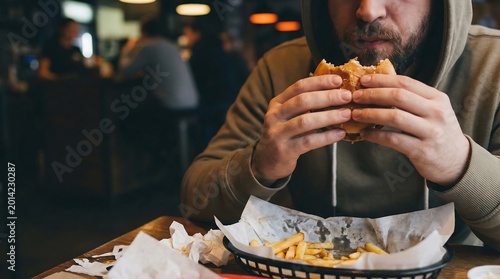 Hungry young man wearing a hoodie eating a large delicious burger and french fries at a rustic wooden table in a dimly lit restaurant pub
