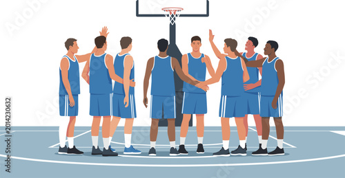 Tableau sur toile Basketball team in blue uniforms huddling and high fiving on court before a game