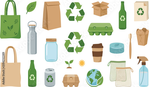 Schilderij op canvas Zero waste and recycling items set including bags, bottles, boxes, and earth ico