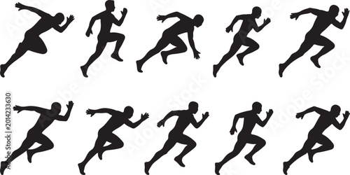 Black silhouettes of running men in different poses