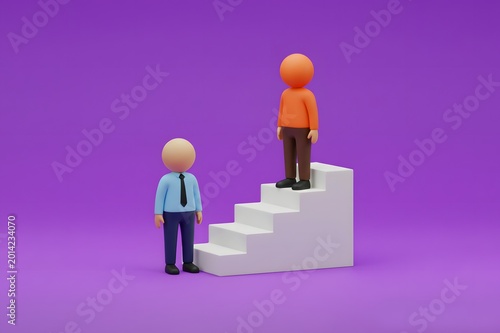 Red businessman challenges the blue businessman. Career advancement. Hiring a subordinate and finding a replacement. Rivalry within the organizational hierarchy  and leadership competition