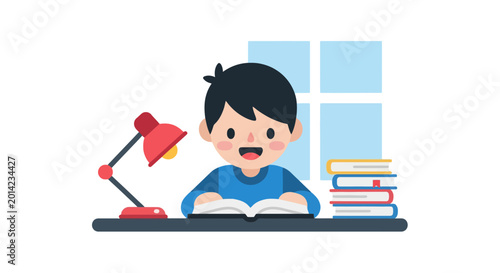 Quadro su tela A cartoon boy studying at a desk.
