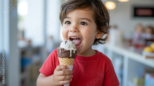 Smiling young boy with chocolate and vanilla ice cream cone ready for a big bite