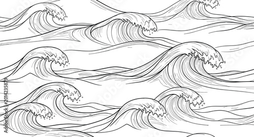 Bild auf Leinwand Japanese woodblock style ocean waves vector illustration with vintage engraving