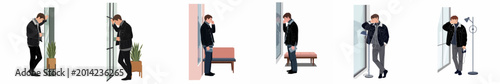 Fotografie Set of flat vector illustrations of a sad man in different poses, leaning against walls and windows in indoor settings