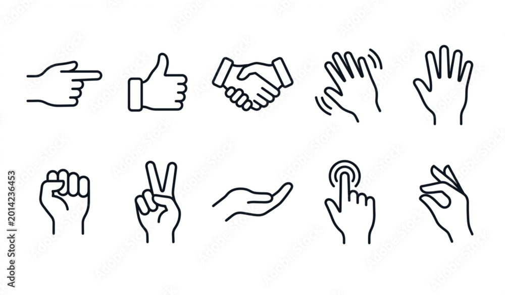 Fototapeta premium Outline hands icon set illustrating human gestures and finger signs in modern linear vector style
