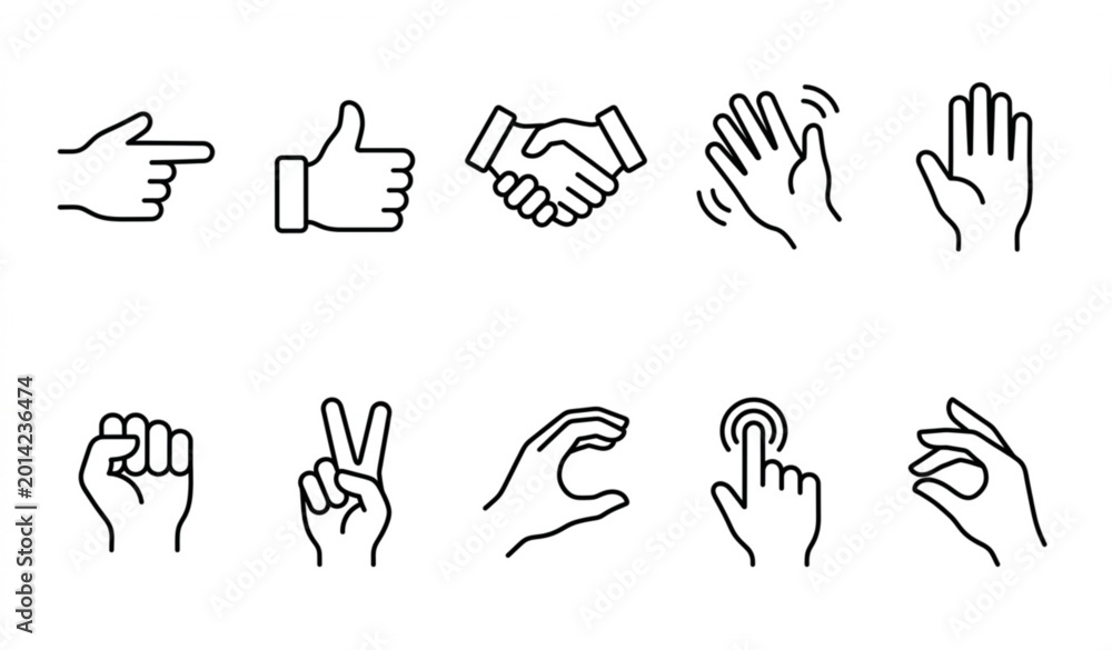 Fototapeta premium Outline hands icon set illustrating human gestures and finger signs in modern linear vector style