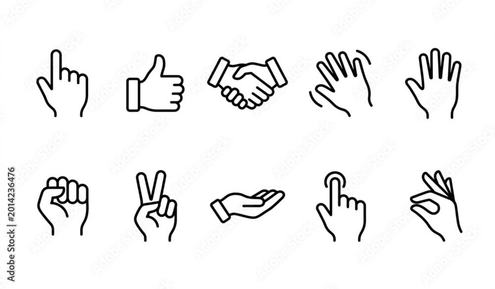 Fototapeta premium Outline hands icon set illustrating human gestures and finger signs in modern linear vector style
