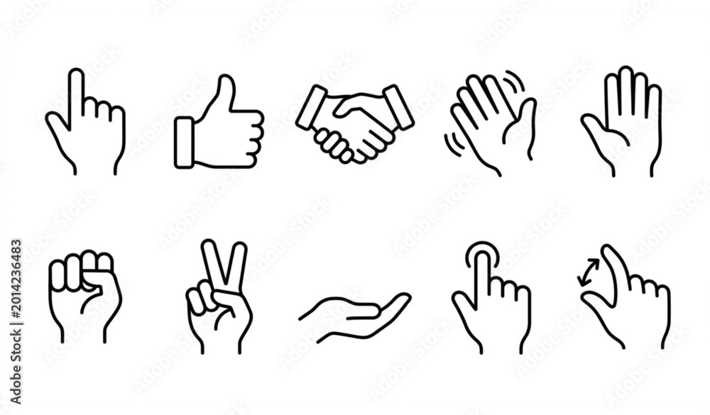 Fototapeta premium Outline hands icon set illustrating human gestures and finger signs in modern linear vector style