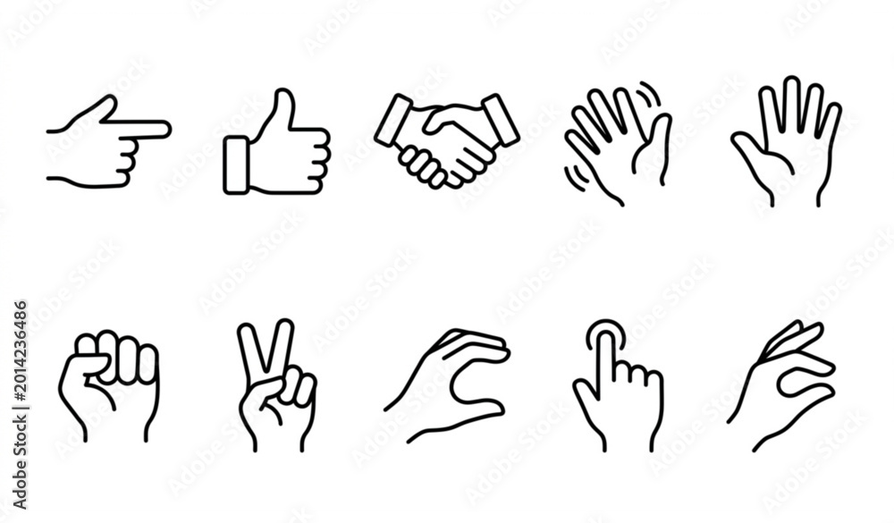 Fototapeta premium Outline hands icon set illustrating human gestures and finger signs in modern linear vector style