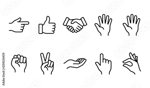 Outline hands icon set illustrating human gestures and finger signs in modern linear vector style