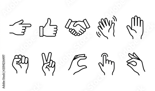 Outline hands icon set illustrating human gestures and finger signs in modern linear vector style