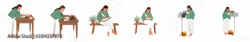 Foto Set of flat vector illustrations depicting a young woman's process of writing an