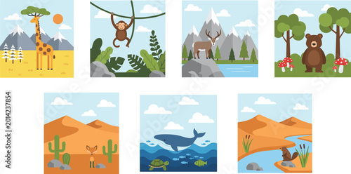 Photography Animal habitat illustration collection featuring savanna, jungle, mountain, fore