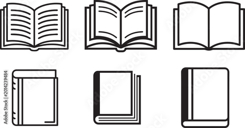 Book Icon Set Open and Closed Books Black Outline Vector Collection Education Library Reading Symbols .