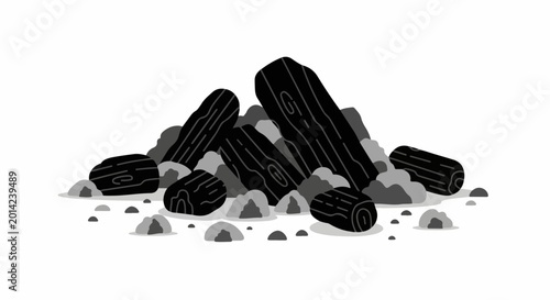 Fotografie Pile of dark logs and grey stones on a white background