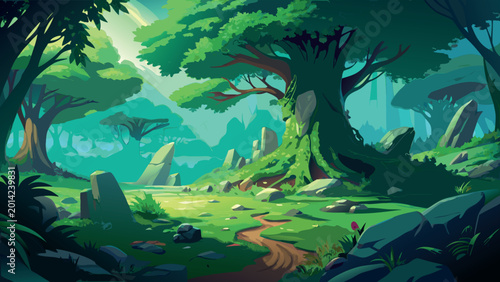 Panoramic Fantasy Forest Landscape with Ancient Mossy Tree, Sunlit Glade, and Winding Path