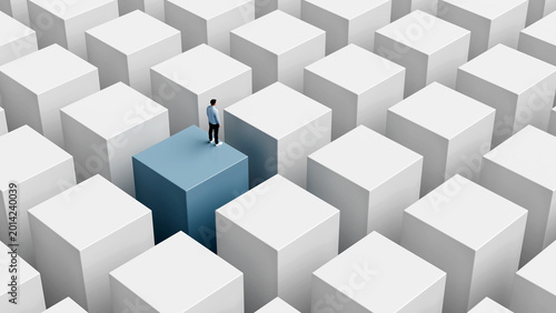 Schilderij op canvas Man standing on unique elevated platform among field of identical cubes represen