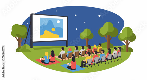 Outdoor movie night with audience watching a screen in park